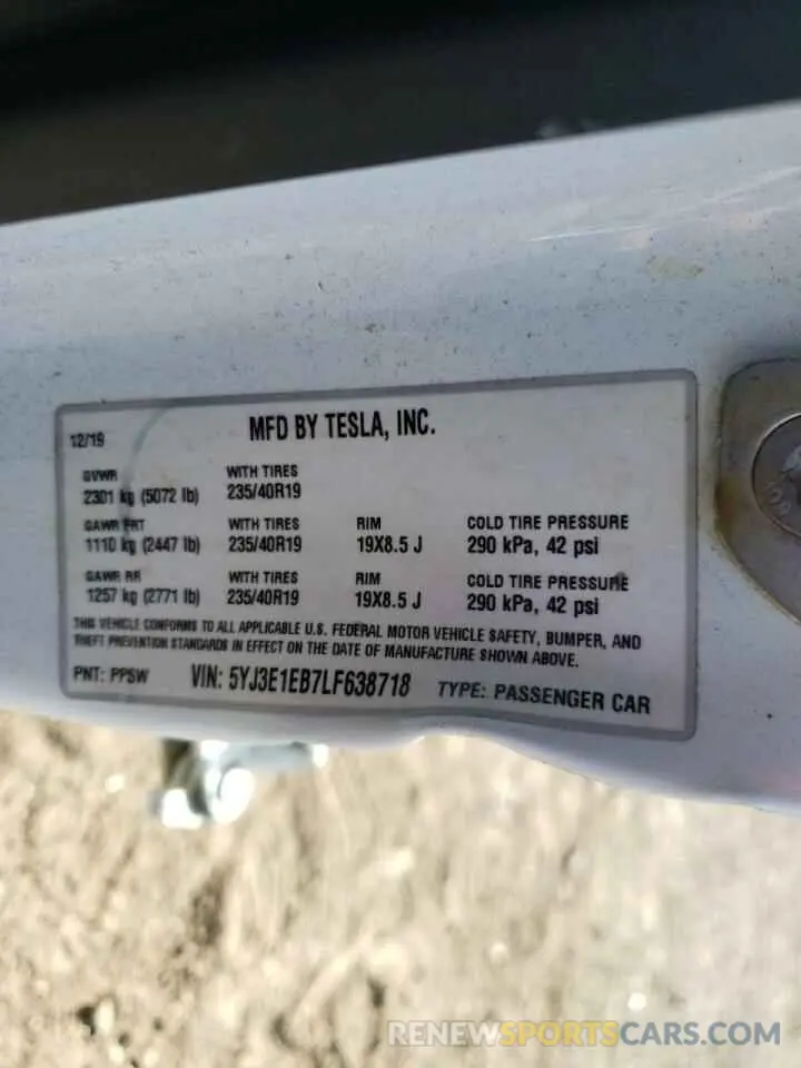10 Photograph of a damaged car 5YJ3E1EB7LF638718 TESLA MODEL 3 2020