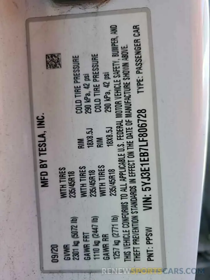 12 Фотография поврежденного автомобиля 5YJ3E1EB7LF806728 TESLA MODEL 3 2020