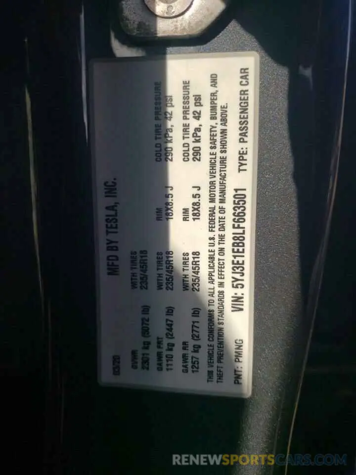 12 Фотография поврежденного автомобиля 5YJ3E1EB8LF663501 TESLA MODEL 3 2020