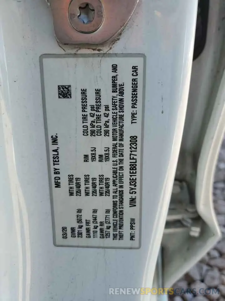 12 Фотография поврежденного автомобиля 5YJ3E1EB8LF712308 TESLA MODEL 3 2020