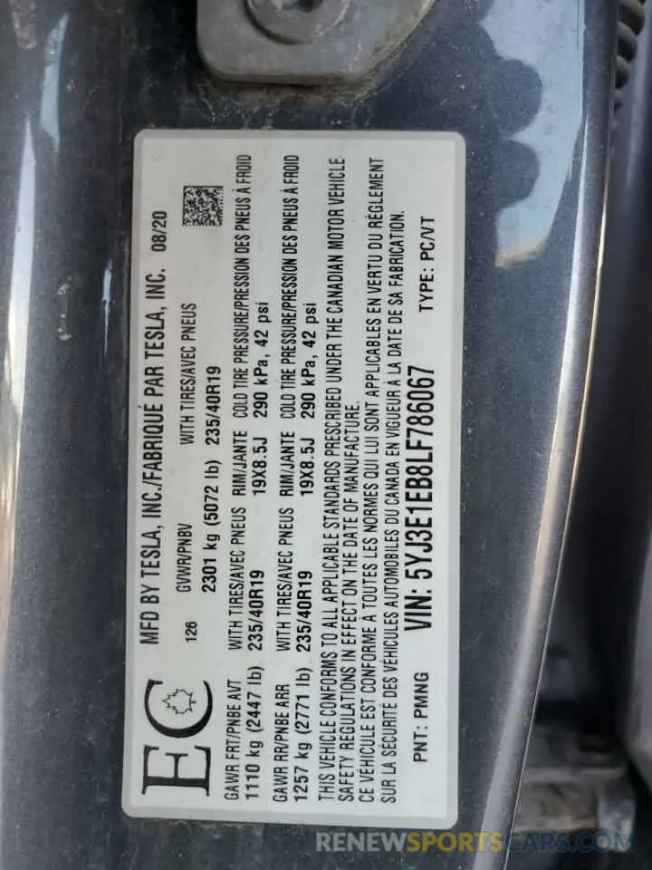 12 Фотография поврежденного автомобиля 5YJ3E1EB8LF786067 TESLA MODEL 3 2020