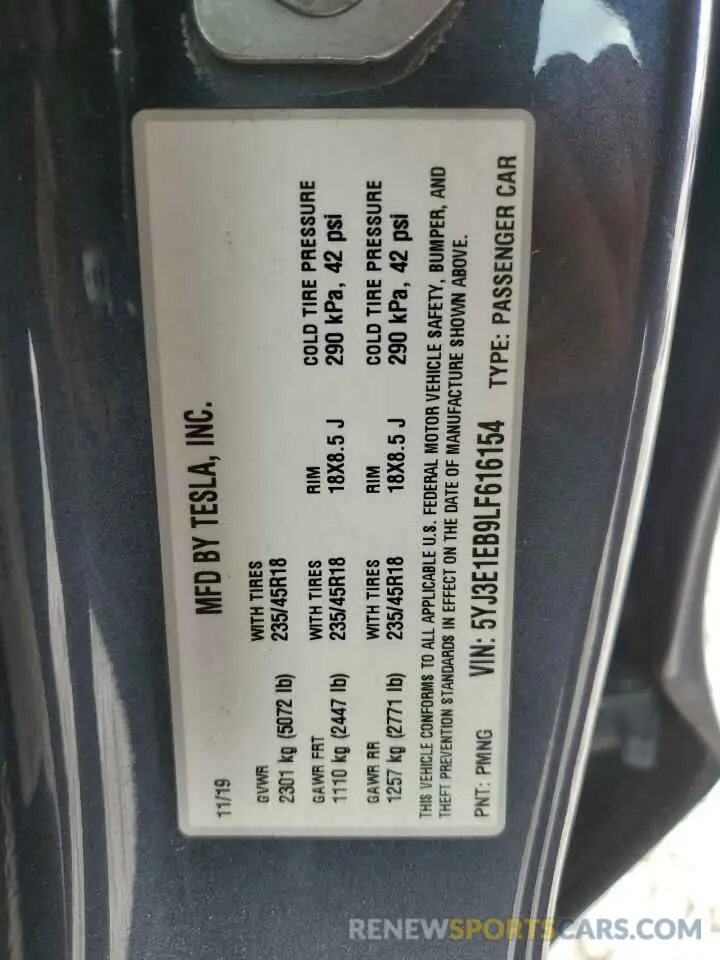 12 Photograph of a damaged car 5YJ3E1EB9LF616154 TESLA MODEL 3 2020