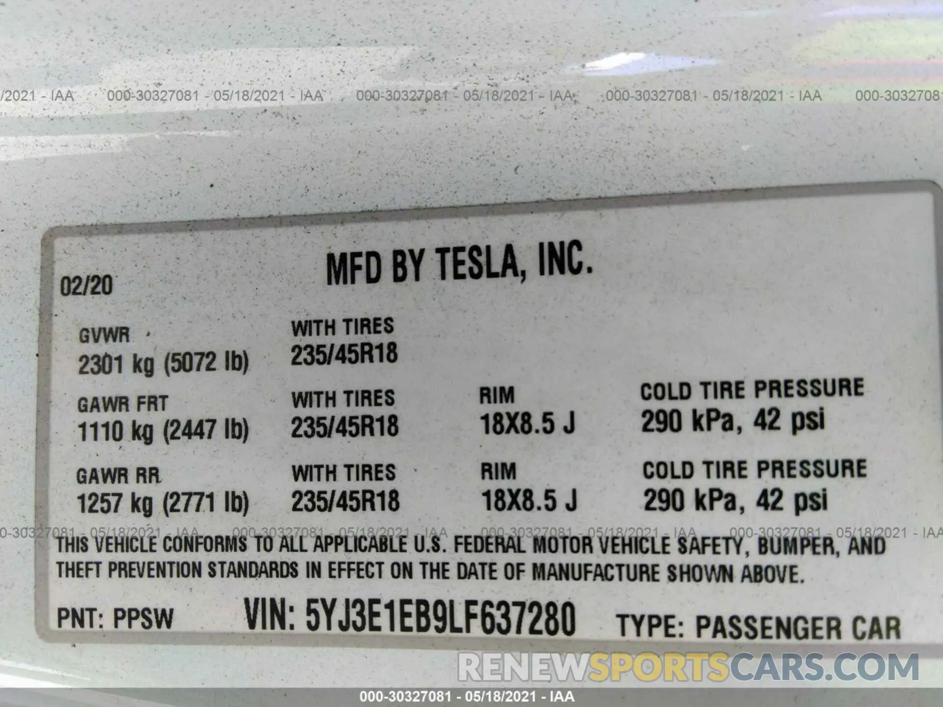 9 Photograph of a damaged car 5YJ3E1EB9LF637280 TESLA MODEL 3 2020