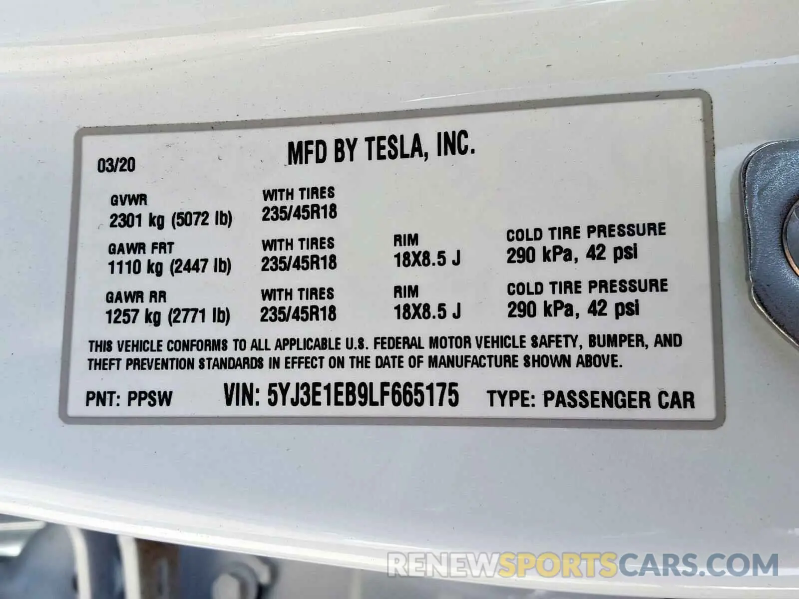 10 Photograph of a damaged car 5YJ3E1EB9LF665175 TESLA MODEL 3 2020