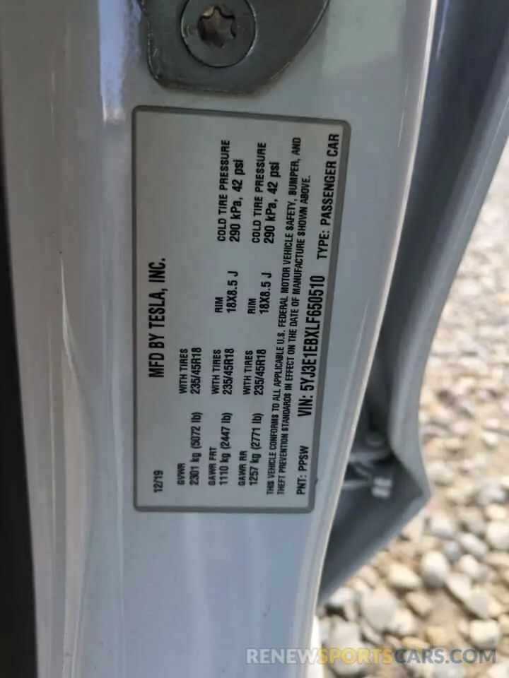 12 Photograph of a damaged car 5YJ3E1EBXLF650510 TESLA MODEL 3 2020