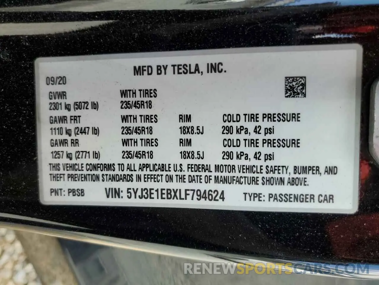12 Фотография поврежденного автомобиля 5YJ3E1EBXLF794624 TESLA MODEL 3 2020