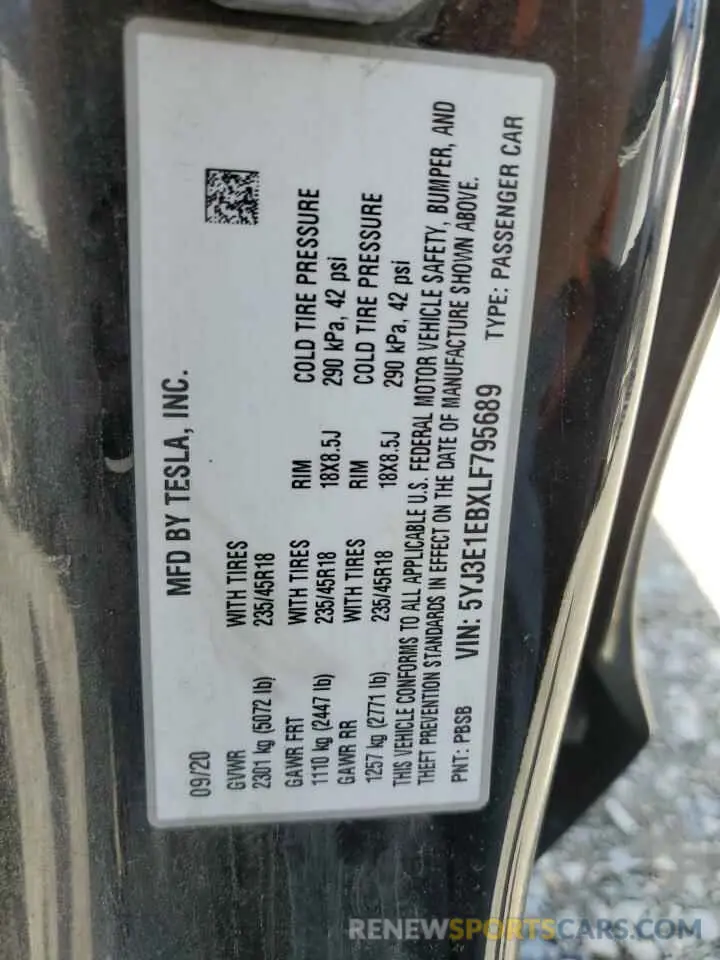 13 Фотография поврежденного автомобиля 5YJ3E1EBXLF795689 TESLA MODEL 3 2020
