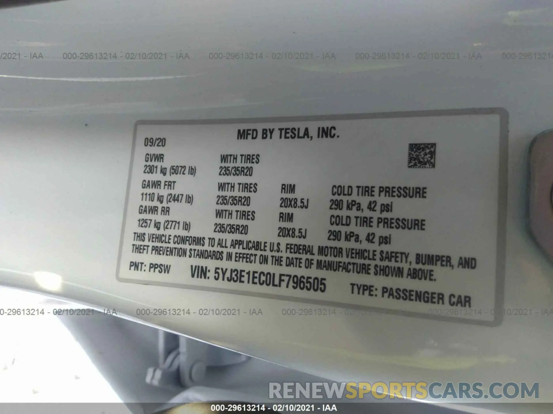 9 Photograph of a damaged car 5YJ3E1EC0LF796505 TESLA MODEL 3 2020