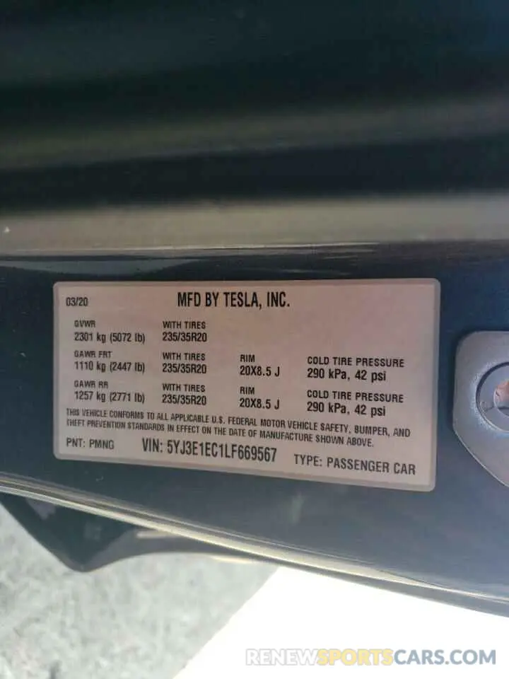 12 Фотография поврежденного автомобиля 5YJ3E1EC1LF669567 TESLA MODEL 3 2020