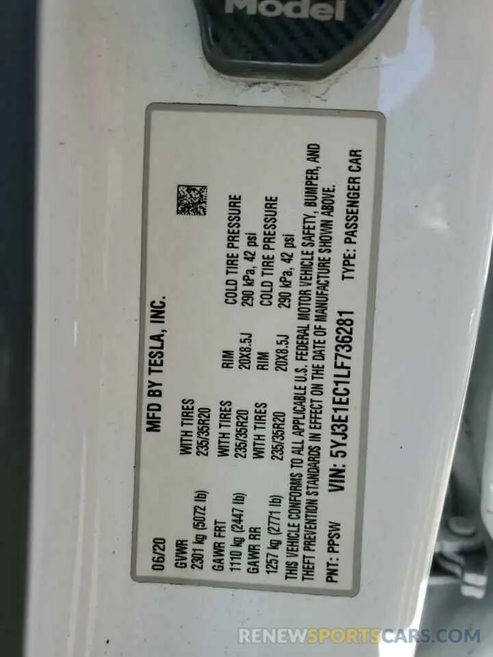 14 Photograph of a damaged car 5YJ3E1EC1LF736281 TESLA MODEL 3 2020