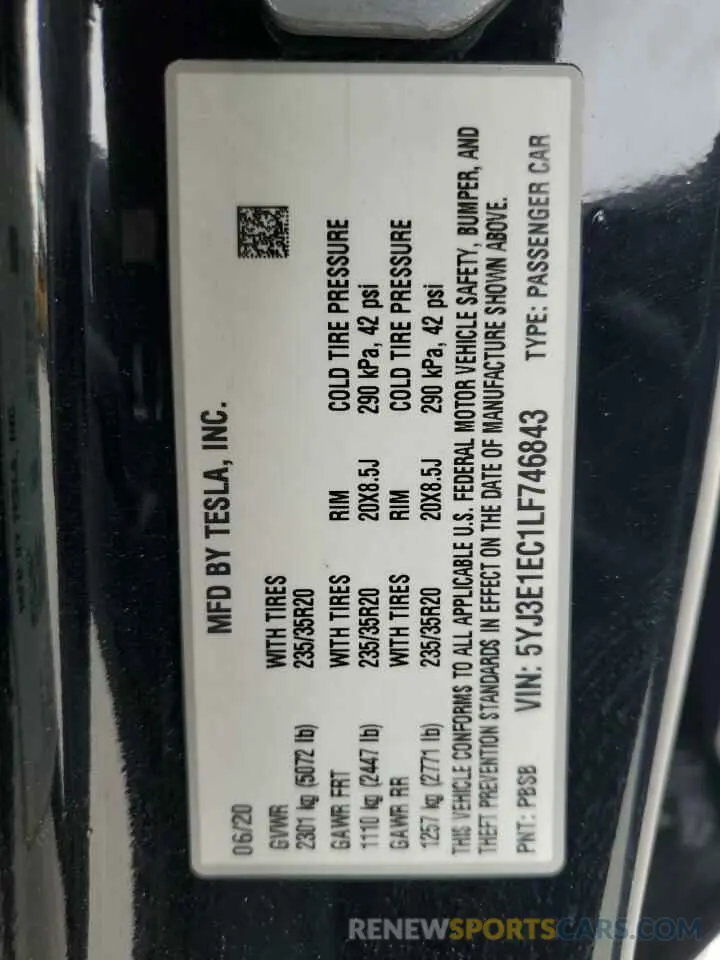 15 Фотография поврежденного автомобиля 5YJ3E1EC1LF746843 TESLA MODEL 3 2020