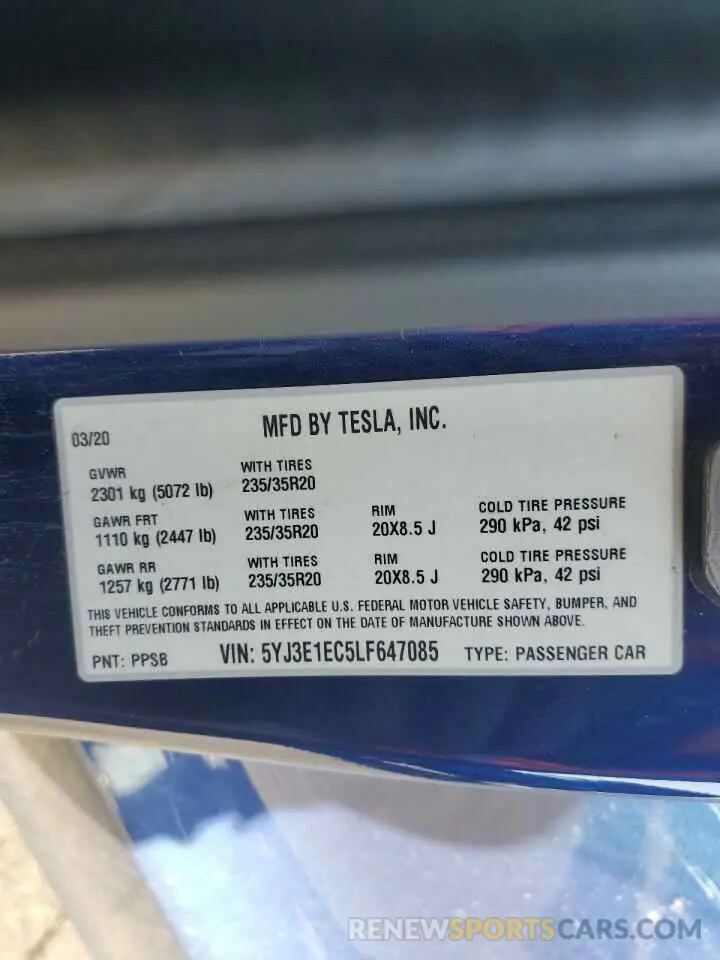 14 Photograph of a damaged car 5YJ3E1EC5LF647085 TESLA MODEL 3 2020