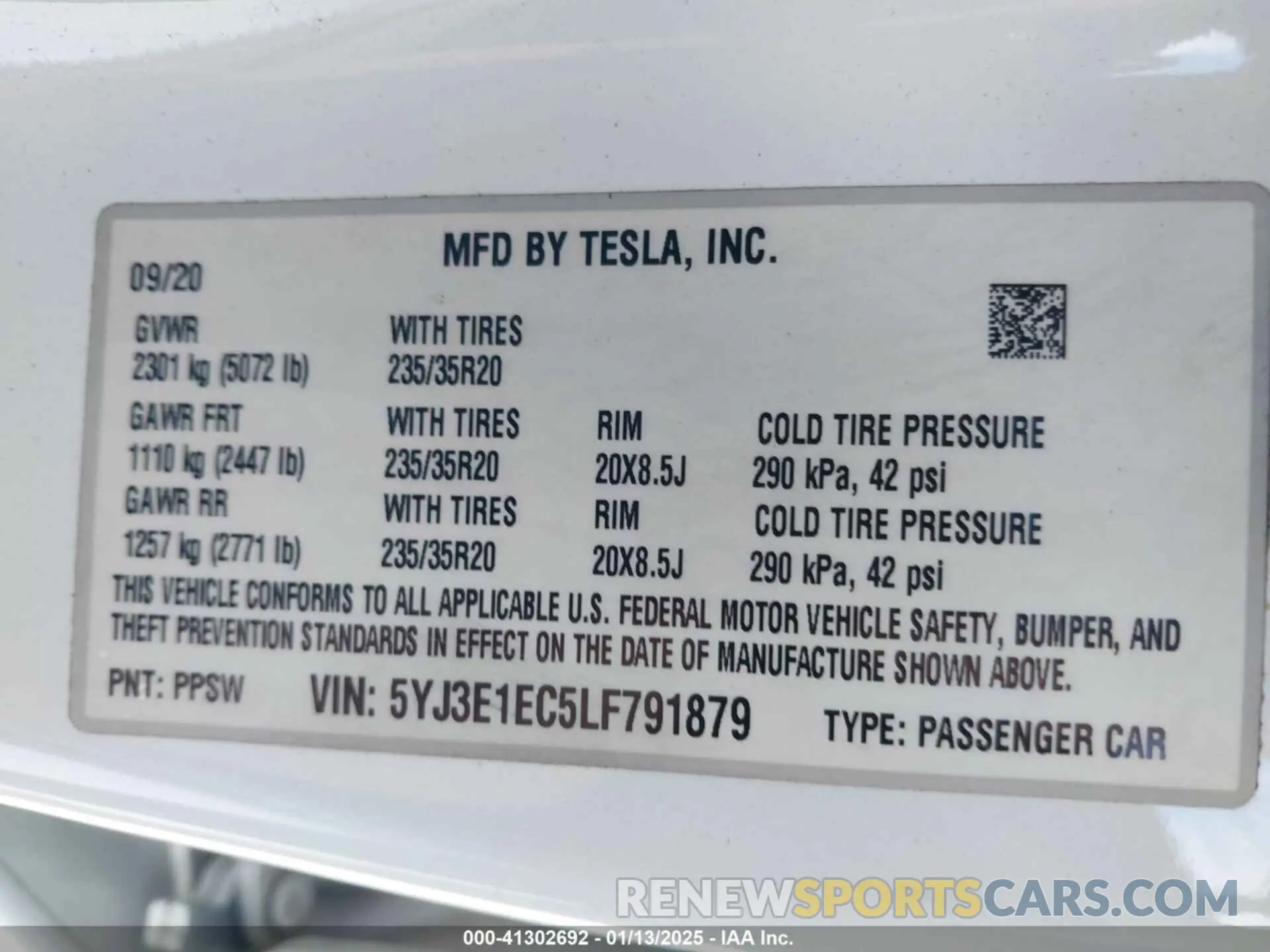 9 Фотография поврежденного автомобиля 5YJ3E1EC5LF791879 TESLA MODEL 3 2020