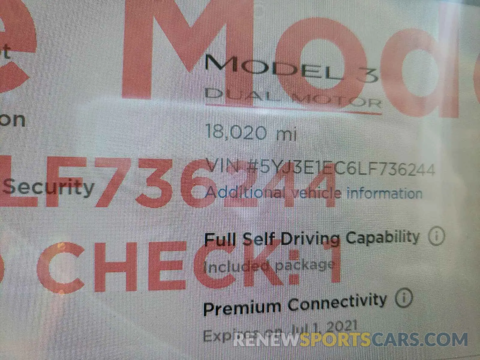 8 Photograph of a damaged car 5YJ3E1EC6LF736244 TESLA MODEL 3 2020
