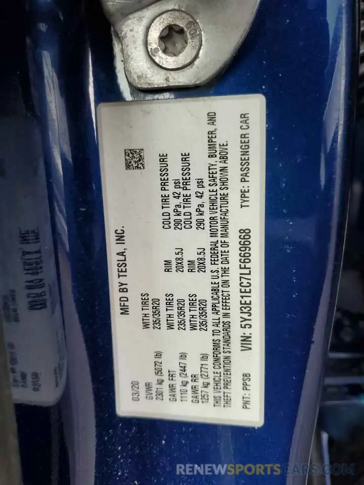 12 Фотография поврежденного автомобиля 5YJ3E1EC7LF669668 TESLA MODEL 3 2020