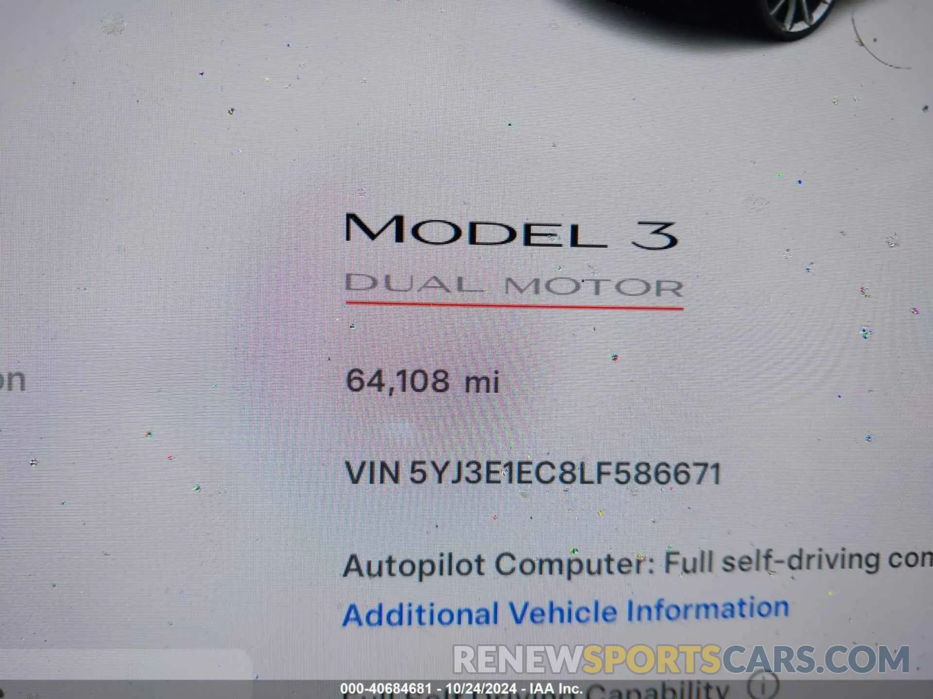 15 Photograph of a damaged car 5YJ3E1EC8LF586671 TESLA MODEL 3 2020