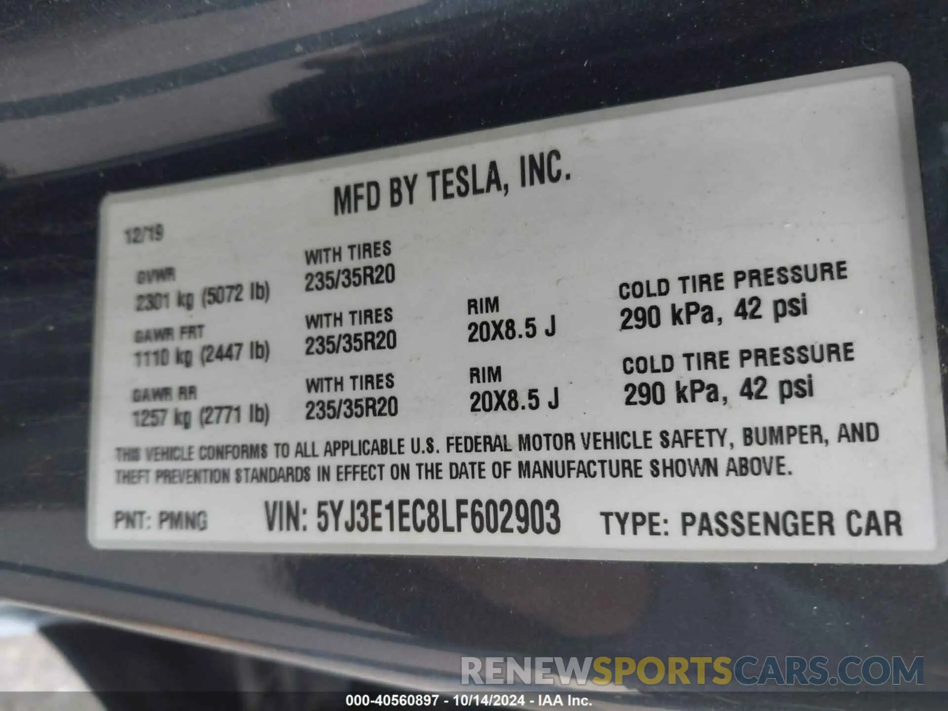 9 Фотография поврежденного автомобиля 5YJ3E1EC8LF602903 TESLA MODEL 3 2020