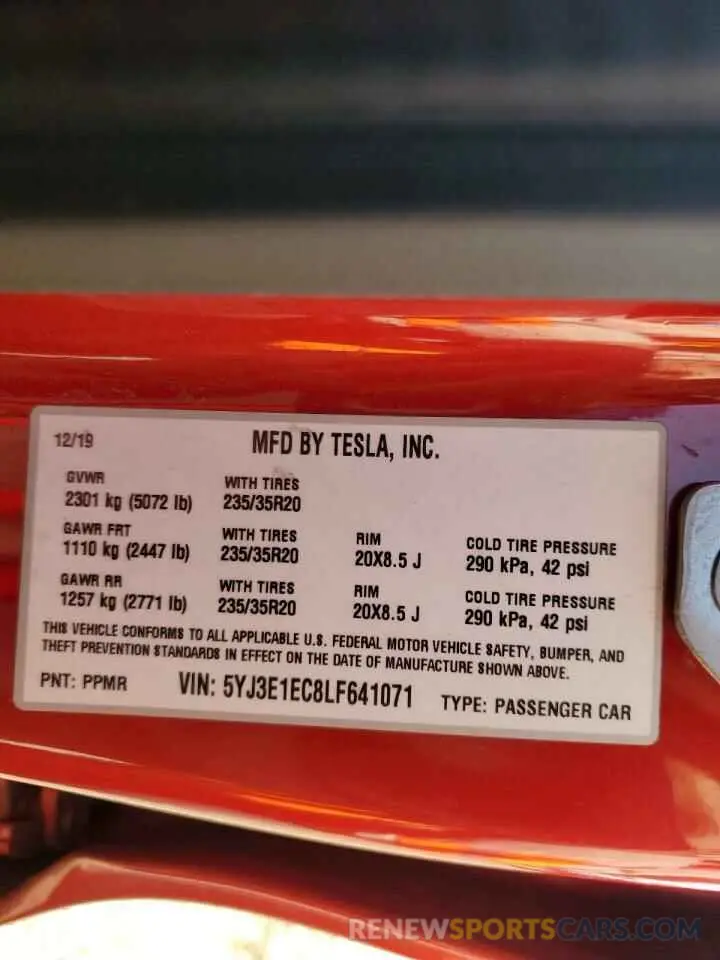 12 Photograph of a damaged car 5YJ3E1EC8LF641071 TESLA MODEL 3 2020