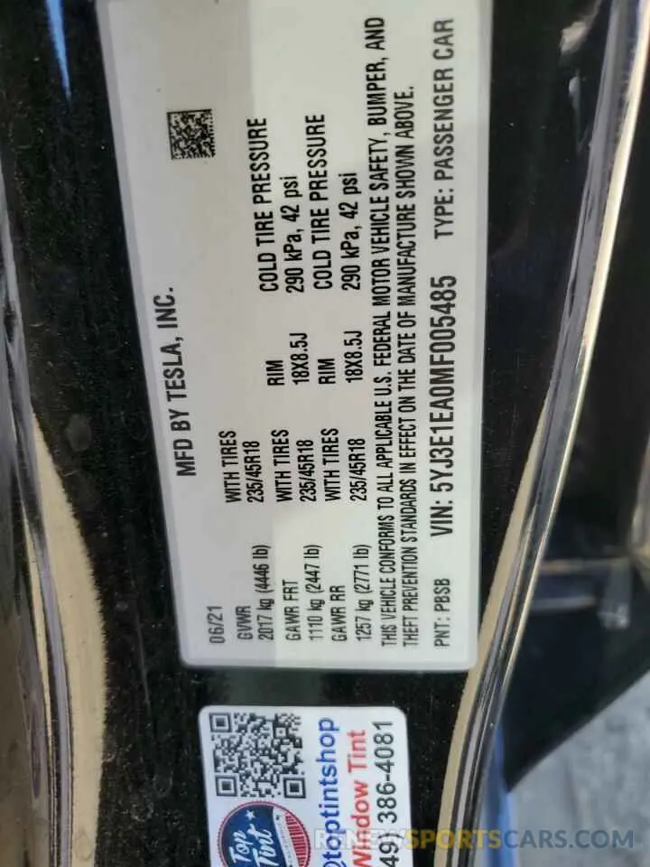 12 Photograph of a damaged car 5YJ3E1EA0MF005485 TESLA MODEL 3 2021