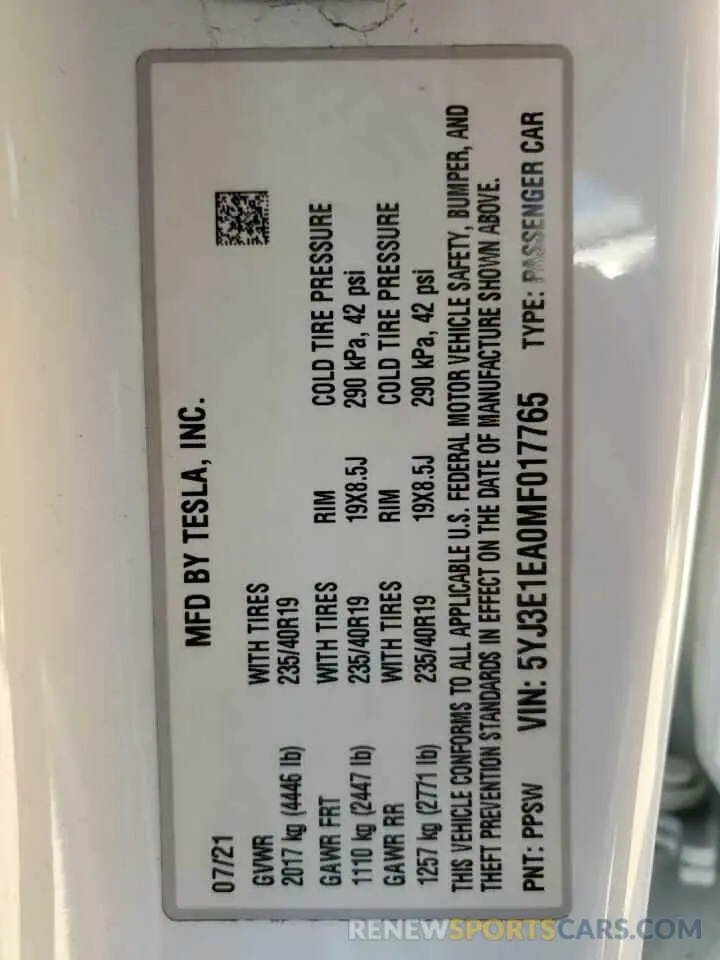 14 Photograph of a damaged car 5YJ3E1EA0MF017765 TESLA MODEL 3 2021