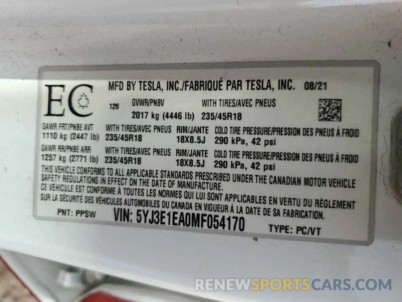 12 Фотография поврежденного автомобиля 5YJ3E1EA0MF054170 TESLA MODEL 3 2021