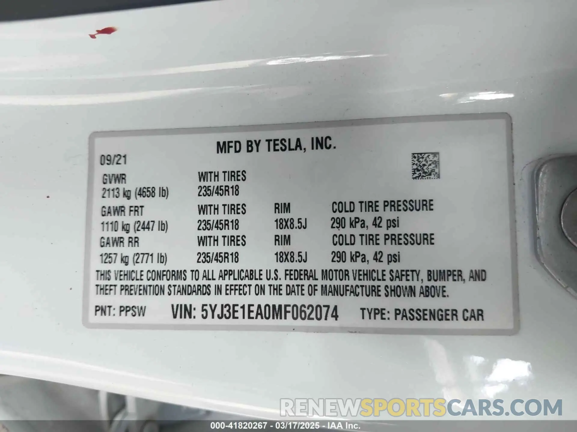 9 Фотография поврежденного автомобиля 5YJ3E1EA0MF062074 TESLA MODEL 3 2021