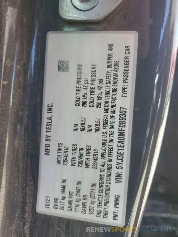 12 Photograph of a damaged car 5YJ3E1EA0MF089307 TESLA MODEL 3 2021