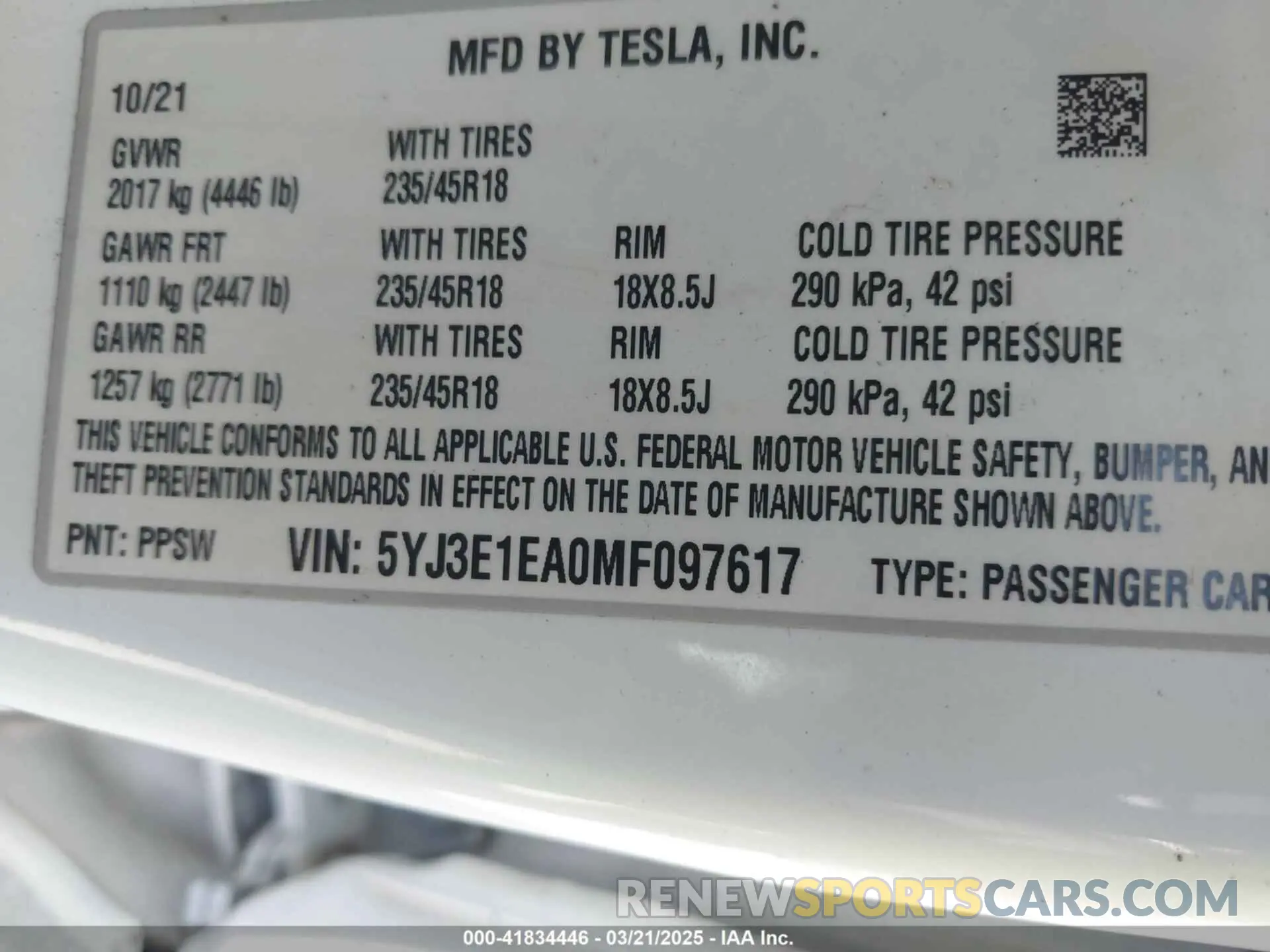 9 Фотография поврежденного автомобиля 5YJ3E1EA0MF097617 TESLA MODEL 3 2021