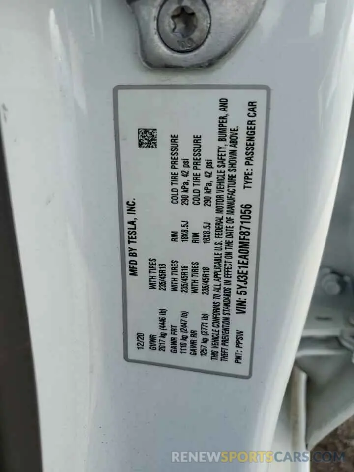 13 Photograph of a damaged car 5YJ3E1EA0MF871056 TESLA MODEL 3 2021
