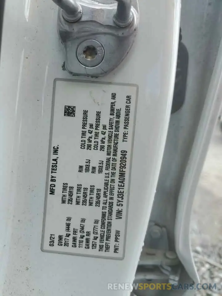 12 Фотография поврежденного автомобиля 5YJ3E1EA0MF920949 TESLA MODEL 3 2021