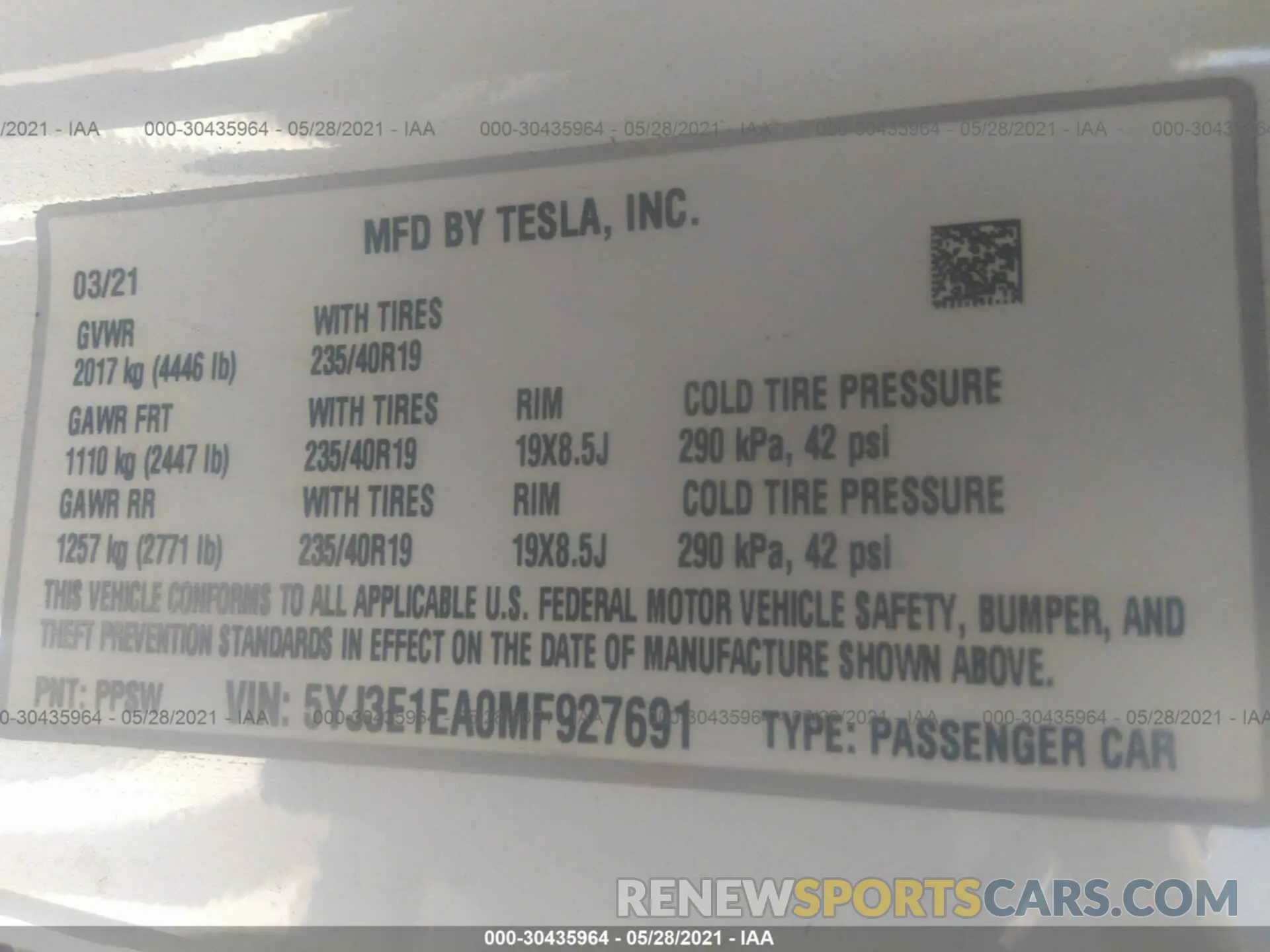 9 Photograph of a damaged car 5YJ3E1EA0MF927691 TESLA MODEL 3 2021