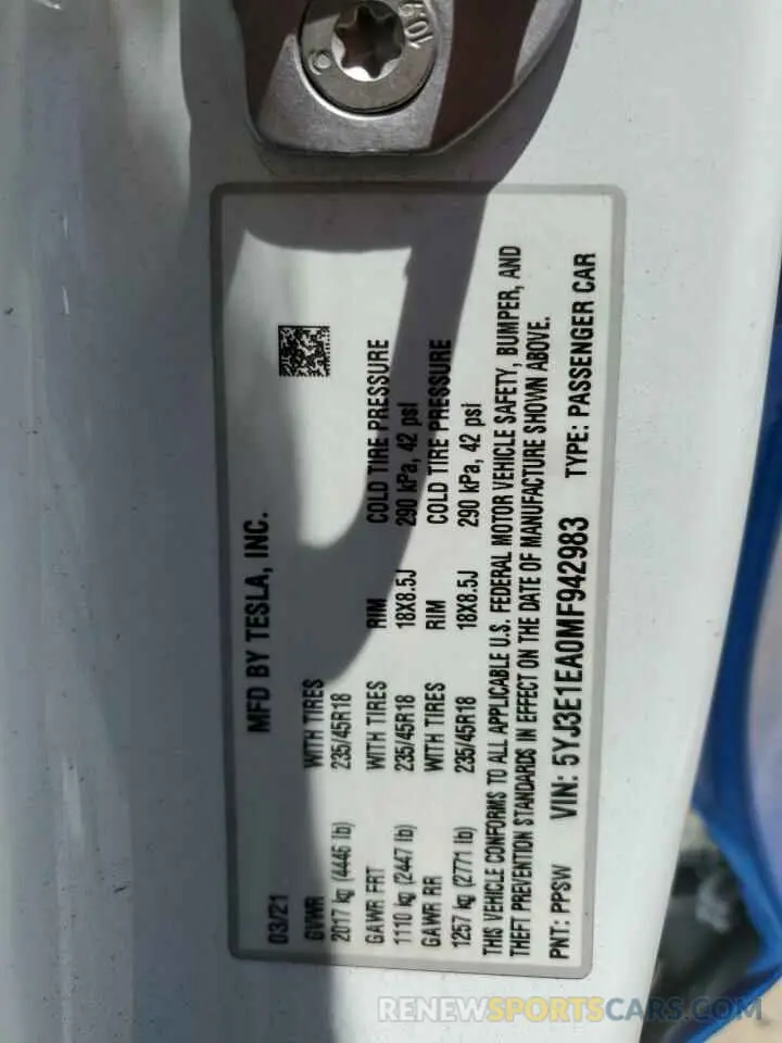 13 Photograph of a damaged car 5YJ3E1EA0MF942983 TESLA MODEL 3 2021