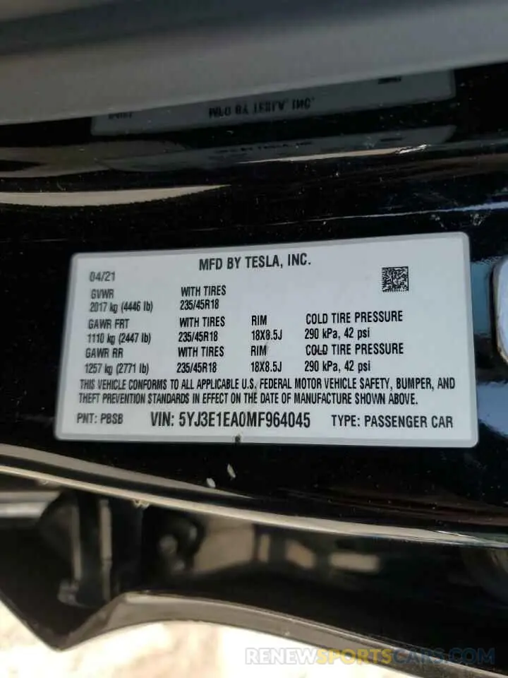 13 Фотография поврежденного автомобиля 5YJ3E1EA0MF964045 TESLA MODEL 3 2021
