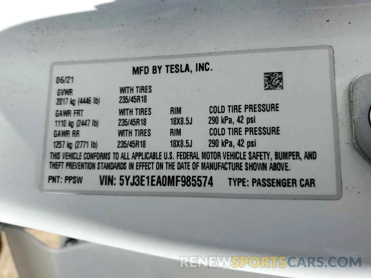 12 Фотография поврежденного автомобиля 5YJ3E1EA0MF985574 TESLA MODEL 3 2021