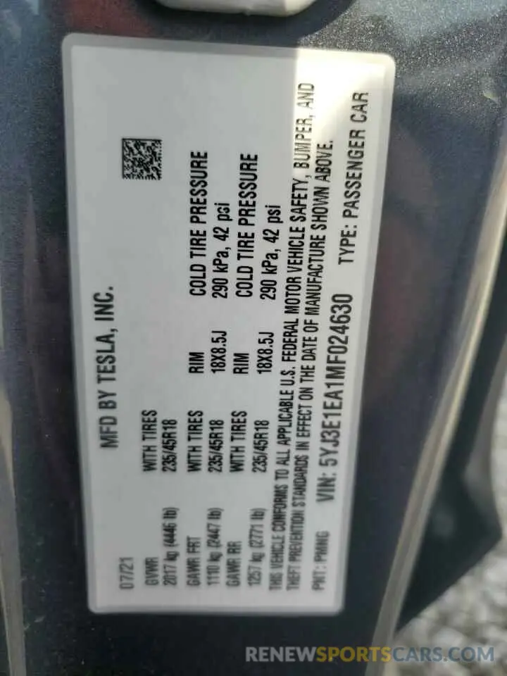 12 Photograph of a damaged car 5YJ3E1EA1MF024630 TESLA MODEL 3 2021