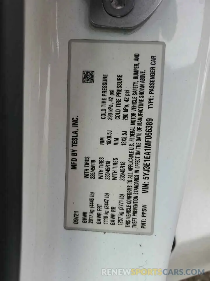 14 Фотография поврежденного автомобиля 5YJ3E1EA1MF066389 TESLA MODEL 3 2021