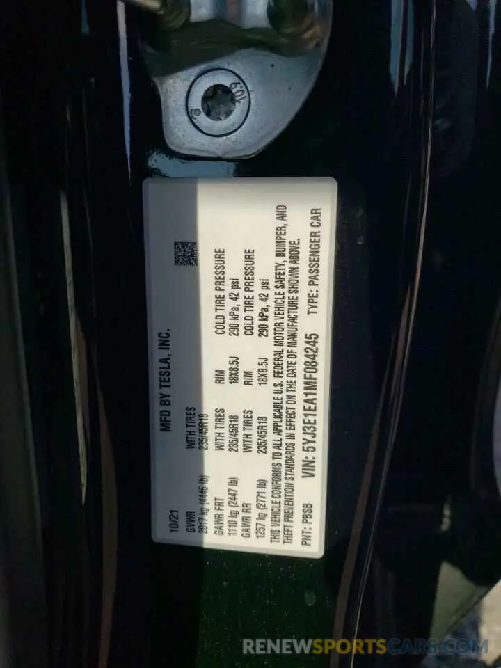 12 Photograph of a damaged car 5YJ3E1EA1MF084245 TESLA MODEL 3 2021