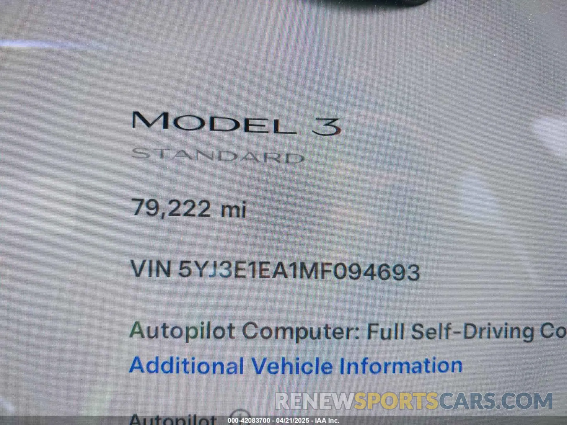 16 Фотография поврежденного автомобиля 5YJ3E1EA1MF094693 TESLA MODEL 3 2021