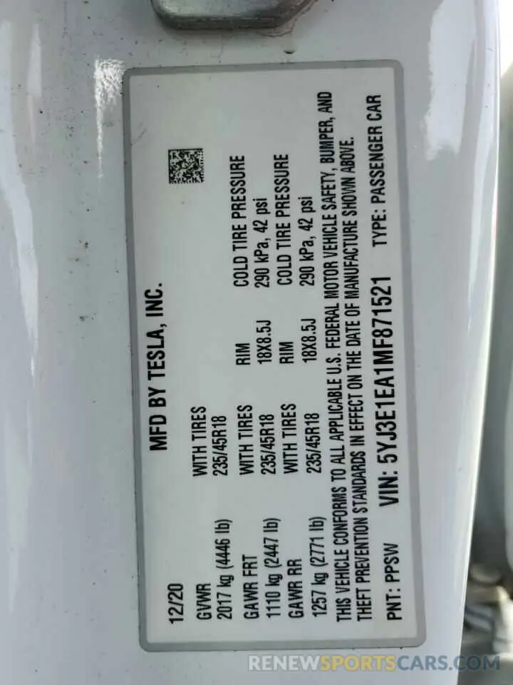 12 Photograph of a damaged car 5YJ3E1EA1MF871521 TESLA MODEL 3 2021
