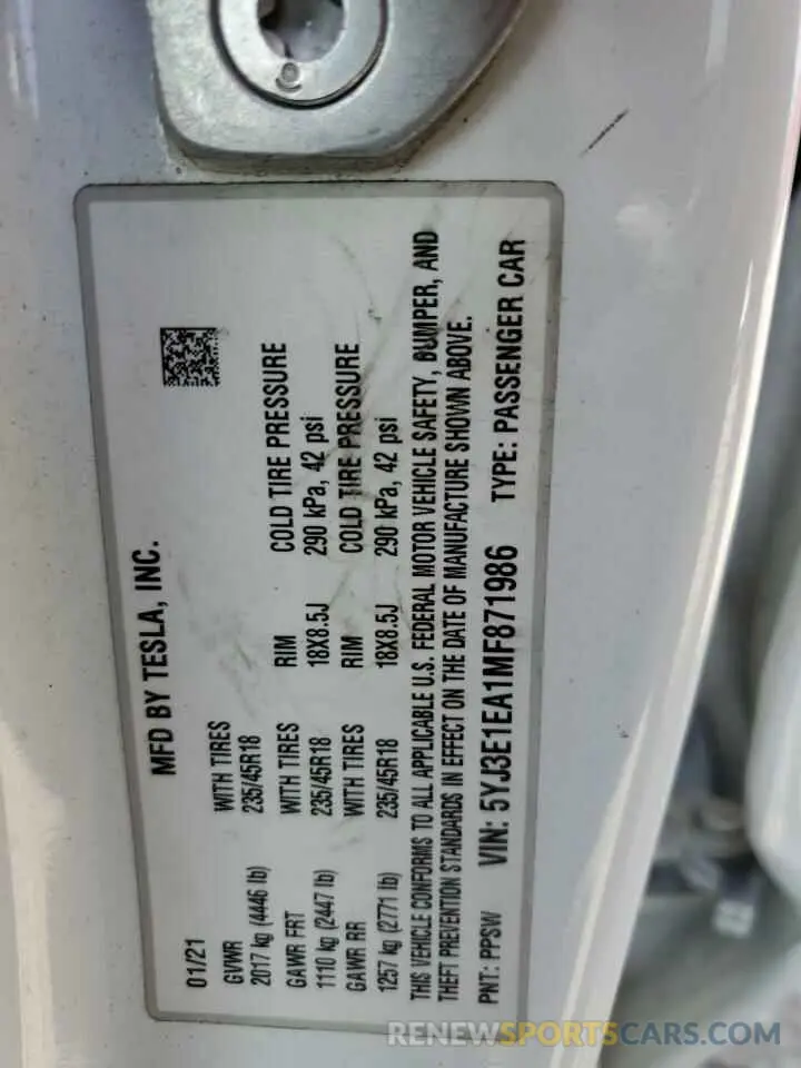 13 Photograph of a damaged car 5YJ3E1EA1MF871986 TESLA MODEL 3 2021