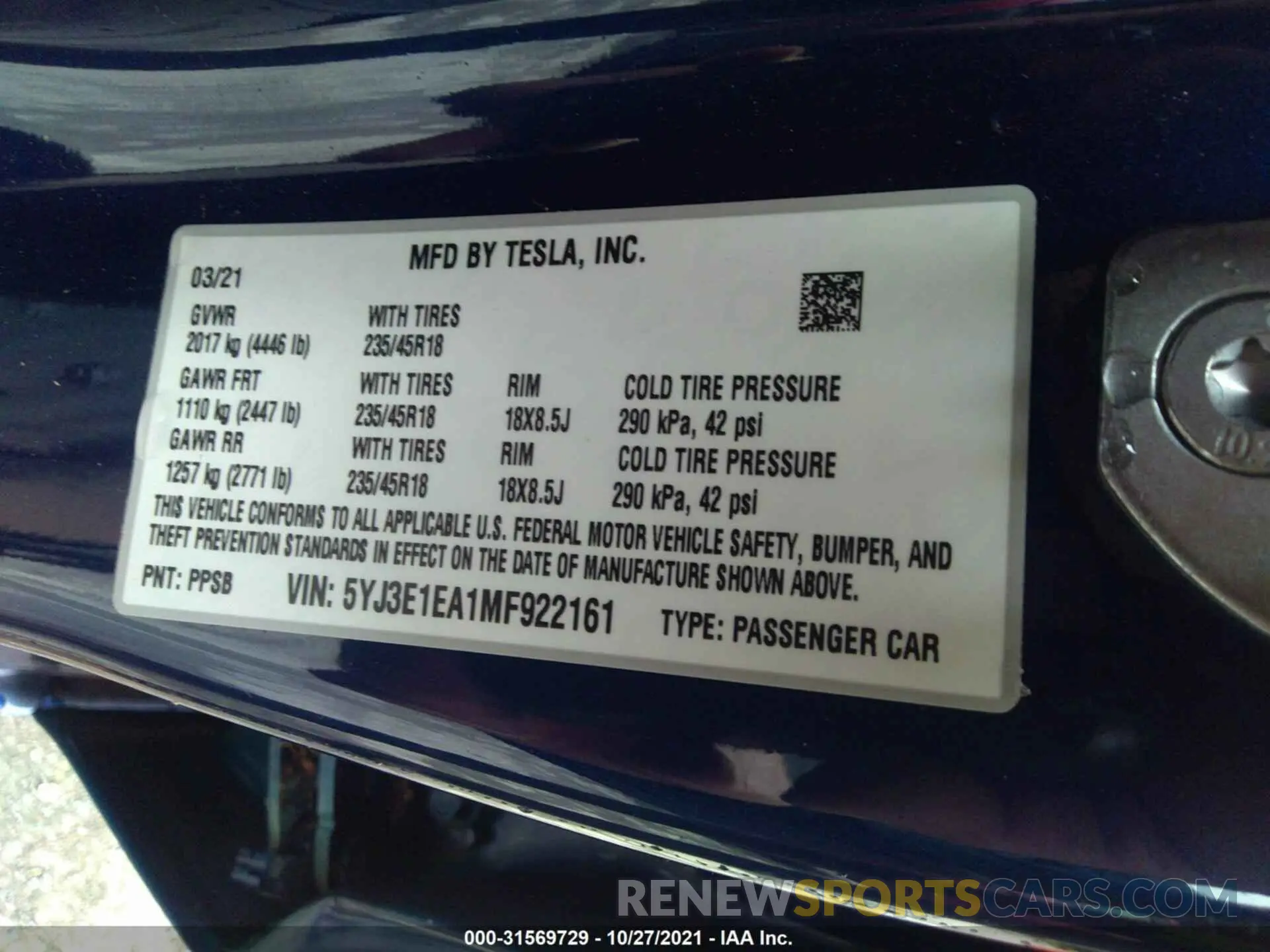 9 Photograph of a damaged car 5YJ3E1EA1MF922161 TESLA MODEL 3 2021