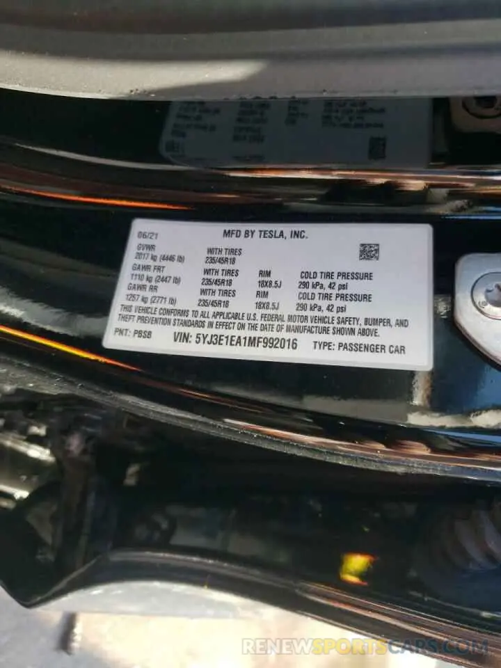 10 Photograph of a damaged car 5YJ3E1EA1MF992016 TESLA MODEL 3 2021