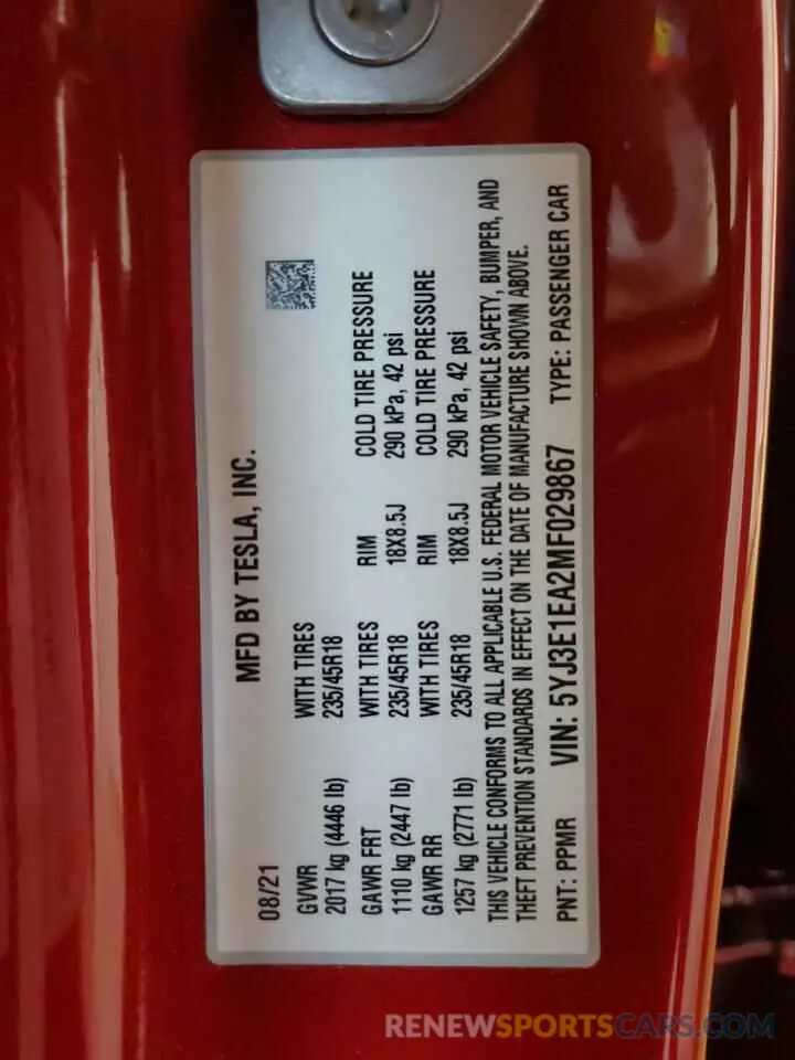 12 Photograph of a damaged car 5YJ3E1EA2MF029867 TESLA MODEL 3 2021