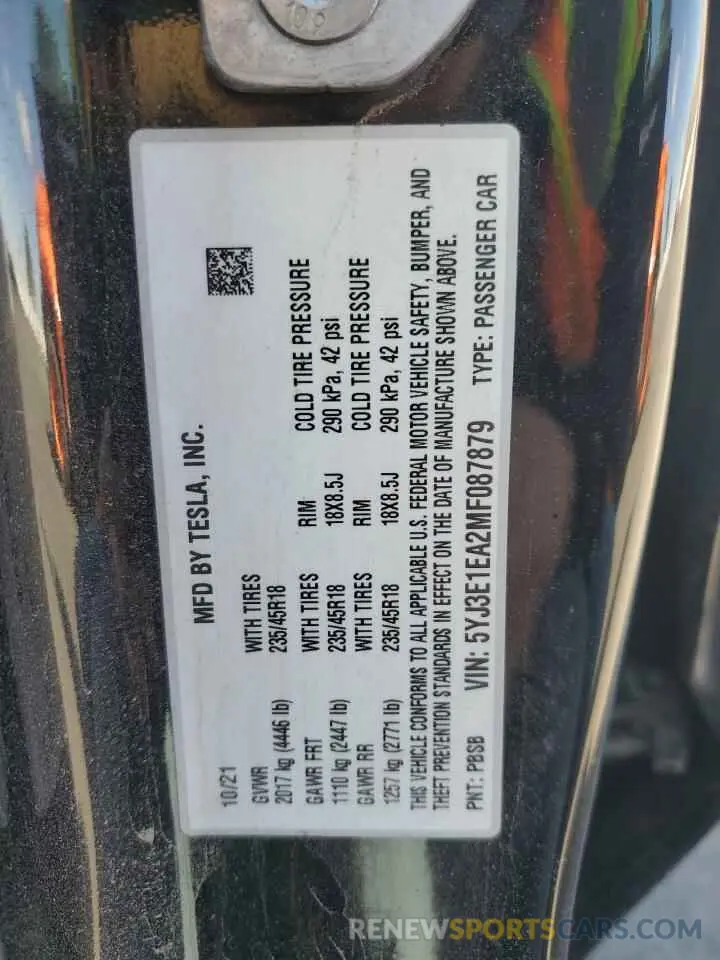 14 Фотография поврежденного автомобиля 5YJ3E1EA2MF087879 TESLA MODEL 3 2021