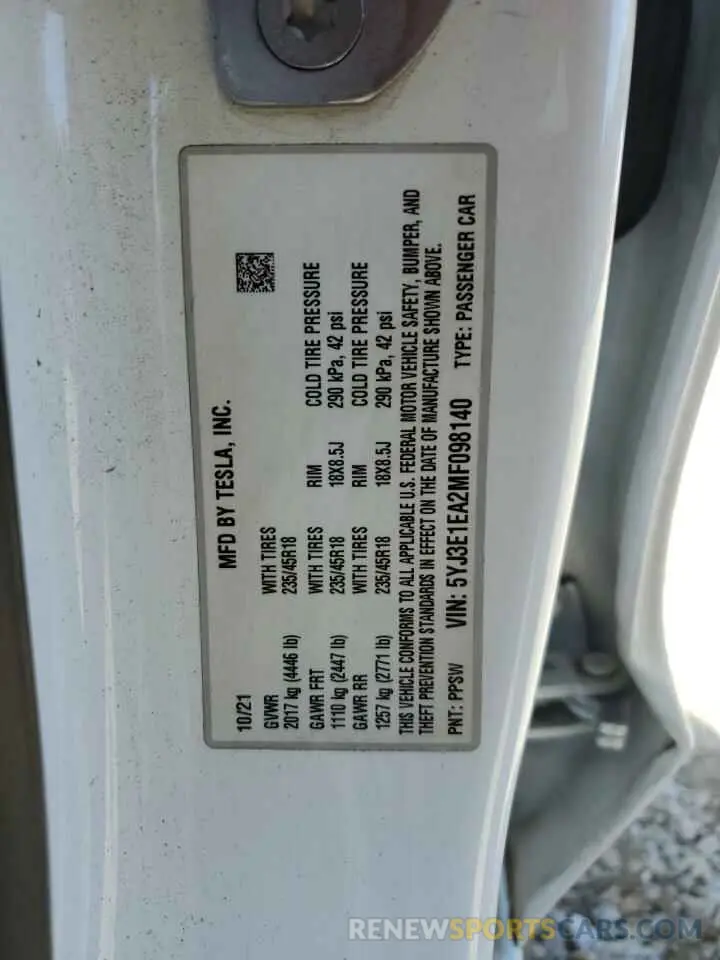 13 Photograph of a damaged car 5YJ3E1EA2MF098140 TESLA MODEL 3 2021