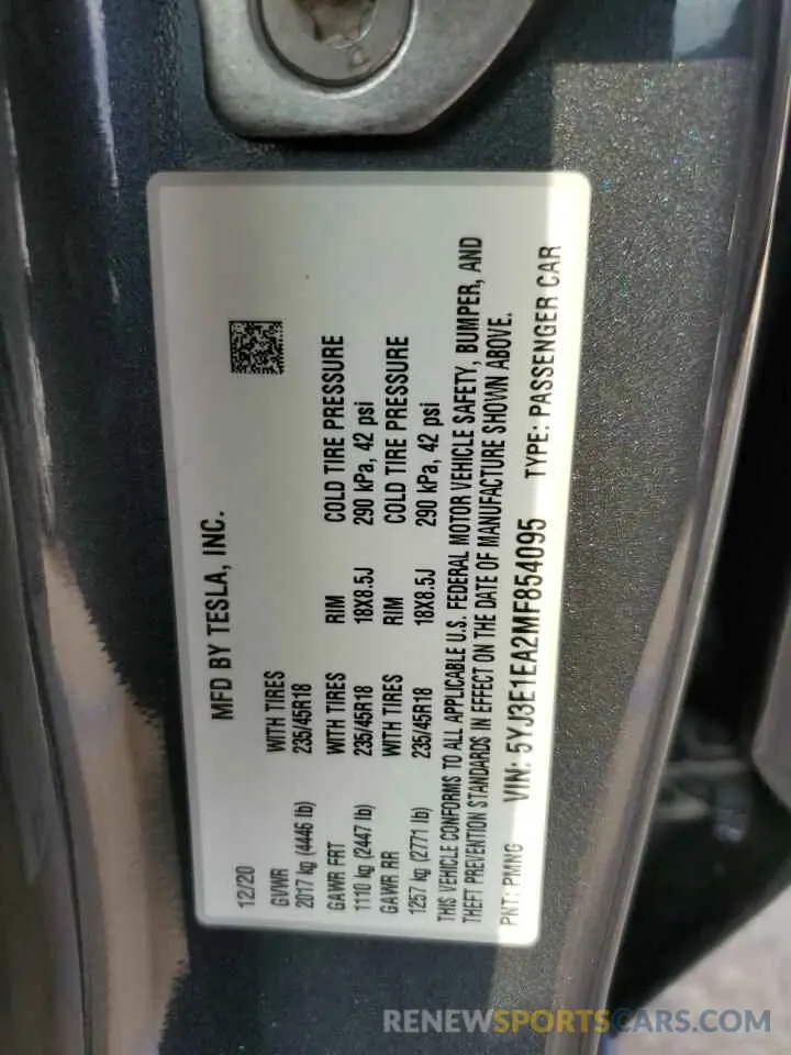 12 Photograph of a damaged car 5YJ3E1EA2MF854095 TESLA MODEL 3 2021