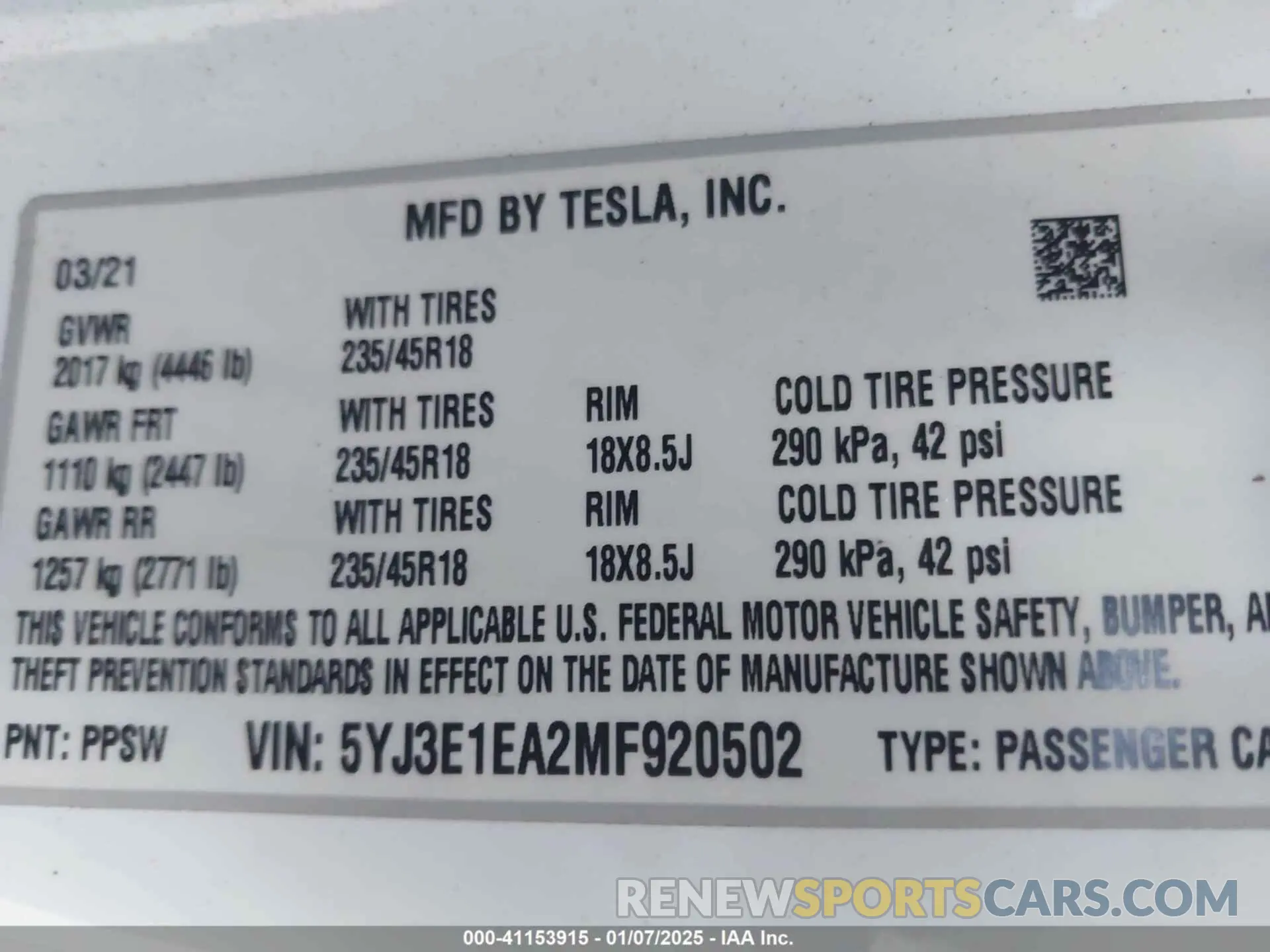9 Photograph of a damaged car 5YJ3E1EA2MF920502 TESLA MODEL 3 2021