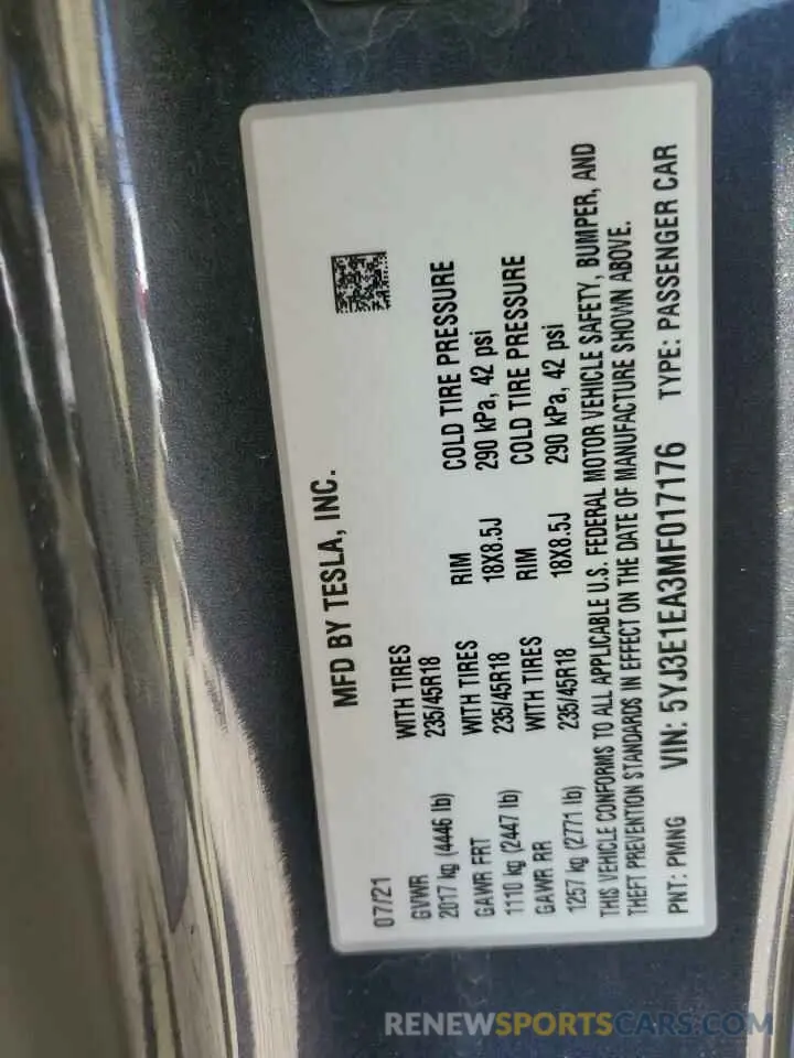 14 Фотография поврежденного автомобиля 5YJ3E1EA3MF017176 TESLA MODEL 3 2021
