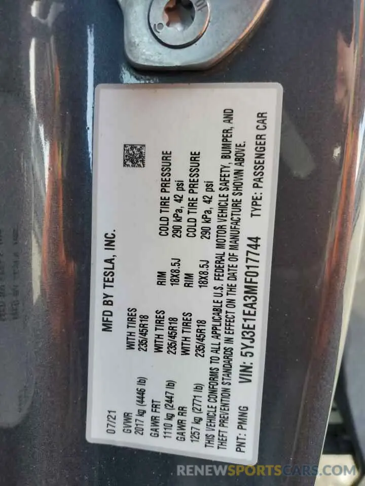 12 Photograph of a damaged car 5YJ3E1EA3MF017744 TESLA MODEL 3 2021