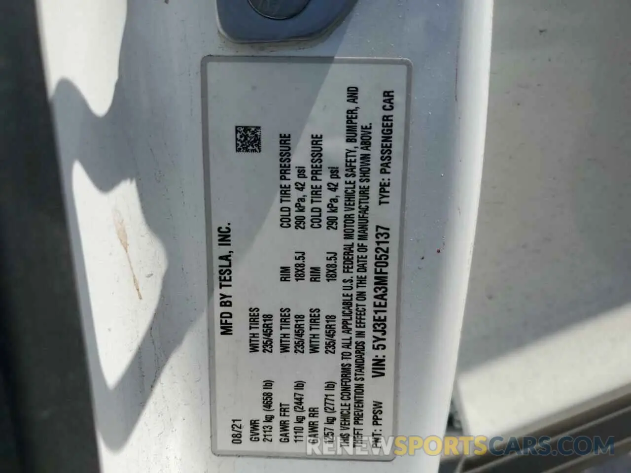 15 Photograph of a damaged car 5YJ3E1EA3MF052137 TESLA MODEL 3 2021